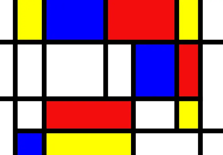 Une composition abstraite typique d'une **Mondrian peinture**, avec des lignes noires épaisses délimitant des rectangles de couleurs primaires (rouge, bleu, jaune) et des espaces blancs.