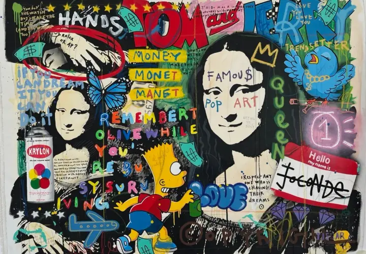 Œuvre pop art inspirée de Roy Lichtenstein, avec Mona Lisa, Bart Simpson, un oiseau et des messages sur l'argent et le rêve.