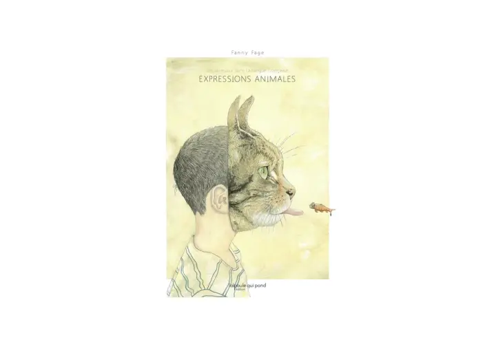 Illustration d'un visage mi-humain, mi-félin, avec une carotte au loin. Le titre "Expressions animales" suggère 20 expressions françaises avec des animaux.