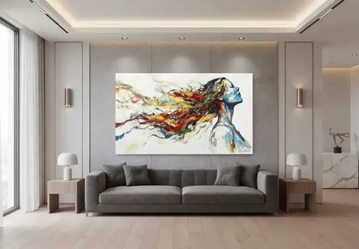Tableau abstrait d'une femme à la chevelure multicolore, une inspiration pour comment faire un tableau original.