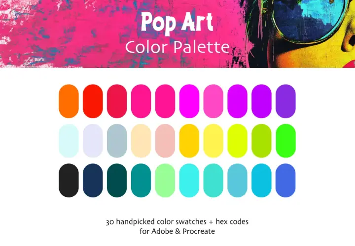 Palette de couleurs vibrantes inspirées du pop art, avec des teintes vives et audacieuses pour des créations éclatantes.