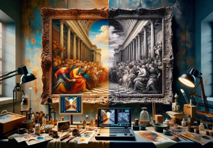 Un atelier d'artiste avec une œuvre divisée, symbolisant le repentir en peinture. La moitié gauche est colorée, la droite en noir et blanc.