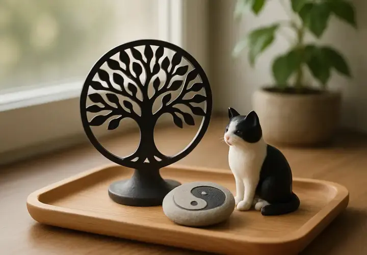 Un petit chat noir et blanc, tel un peintre contemplatif, observe un arbre de vie et un yin yang sur un plateau en bois.