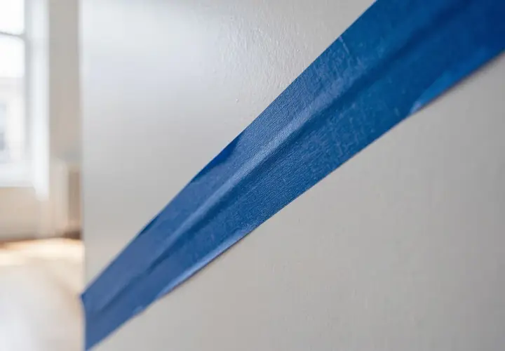 Bande bleue sur mur blanc, créant un contour de lettre stylisé pour un projet de peinture.