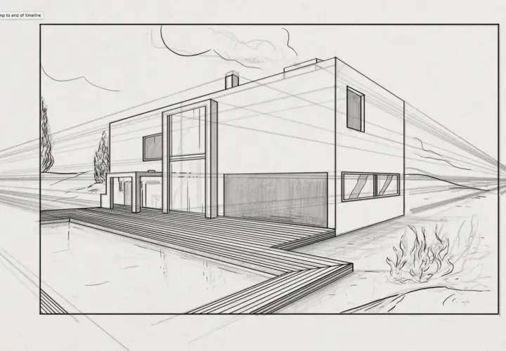 Dessin d'une maison moderne avec piscine, vu en perspective. Les lignes de fuite accentuent la profondeur.