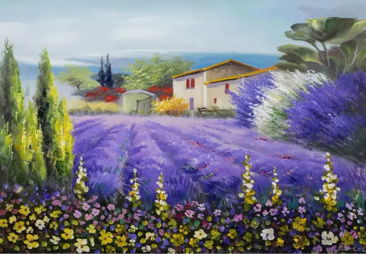 Peinture d'un paysage provençal avec une maison, des champs de lavande violets et des fleurs colorées au premier plan.