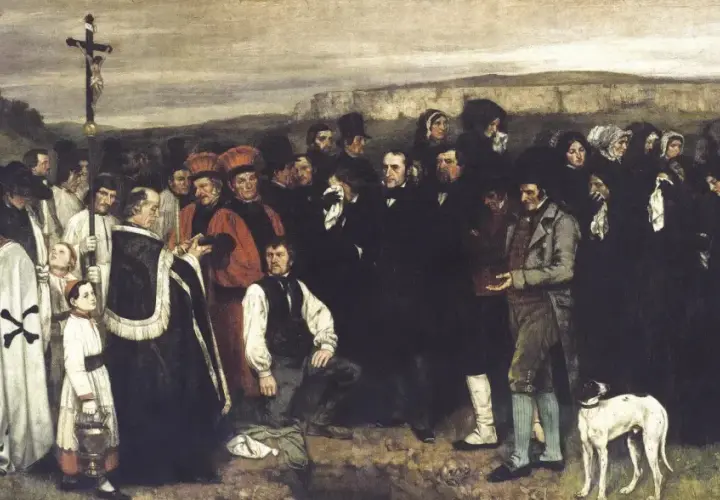 Une peinture réaliste connue dépeint une foule en deuil, un prêtre, un enfant portant une lanterne et un chien, sous un ciel sombre.