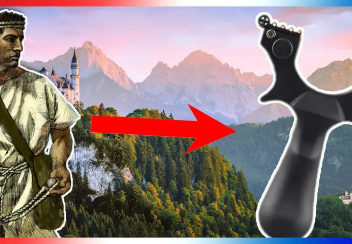 Un homme préhistorique, prêt à jeter la pierre, évolue vers une fronde moderne devant un paysage montagneux et des châteaux.