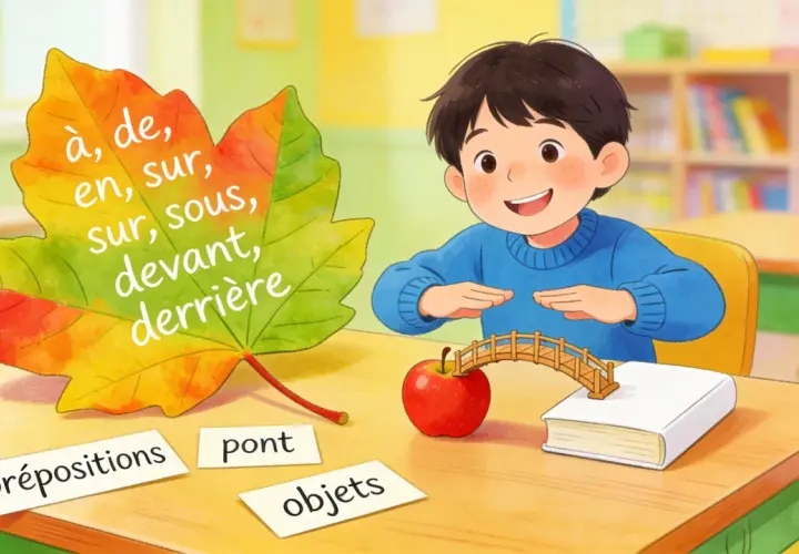 Un garçon apprend les prépositions avec une feuille d'automne. Il utilise un pont pour relier une pomme et un livre, illustrant l'expression avec sac.