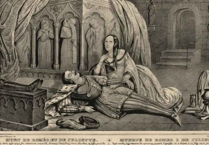 Peinture sur la mort : Juliette veille sur Roméo endormi dans un tombeau, une scène tragique de leur histoire.