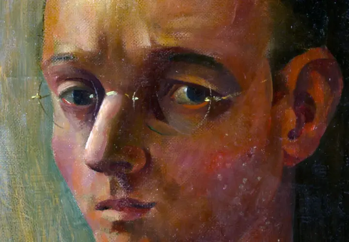 Portrait de Johannes Itten, artiste et théoricien de l'art, avec des lunettes fines.