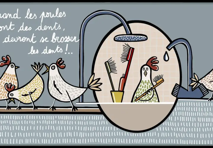 Des poules avec des dents se brossent les dents dans la douche, une scène humoristique inspirée par l'expression "quand les poules auront des dents".