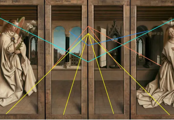 L'Annonciation, une oeuvre d'art lumière, montre l'archange Gabriel et la Vierge Marie dans des scènes architecturales, avec des lignes de perspective colorées.