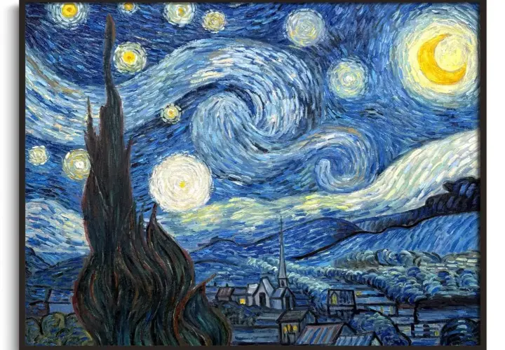 La nuit étoilée de Van Gogh, un chef-d'œuvre aux caractéristiques impressionnistes, dépeint un ciel tourbillonnant et lumineux au-dessus d'un village paisible.
