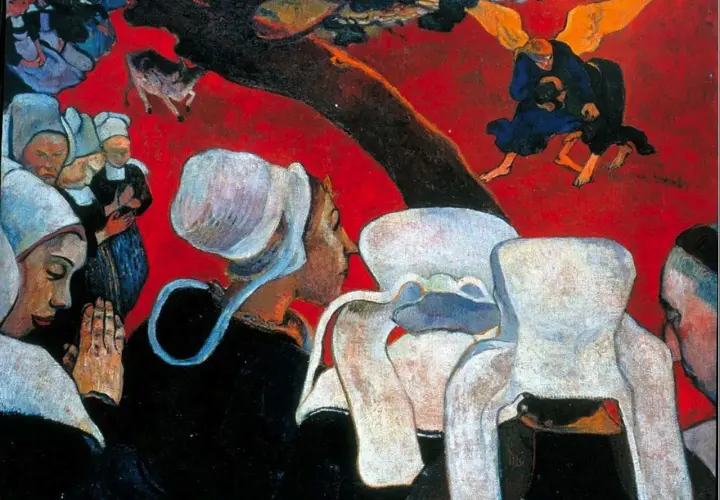La Vision après le sermon, une peinture de Gauguin, montre des femmes bretonnes priant devant un combat de Jacob et l'ange, sur fond rouge vif.
