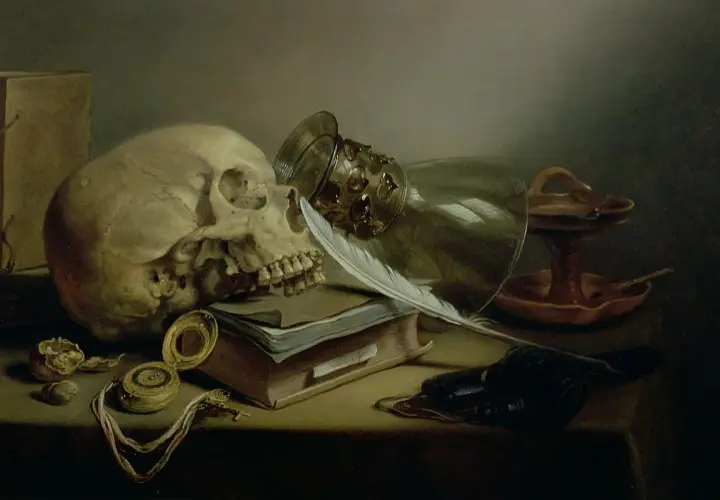 Vanitas tableau : crâne, livre, plume, verre renversé, montre à gousset, bougie éteinte. La vie est éphémère.