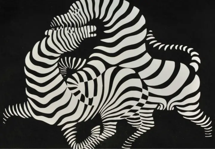 Œuvres d'art de Victor Vasarely : des zèbres aux rayures ondulantes s'entremêlent dans une composition optique hypnotique sur fond noir.