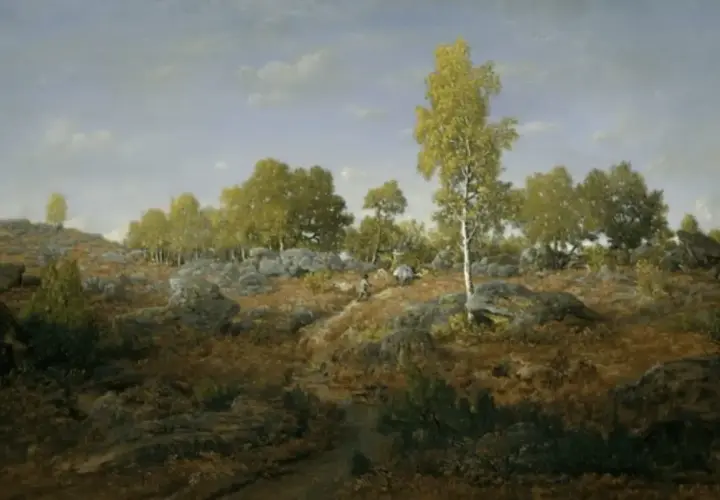 Paysage rocheux et boisé, typique de l'école de Barbizon. Un chemin serpente à travers la lande, menant vers des arbres feuillus sous un ciel nuageux.