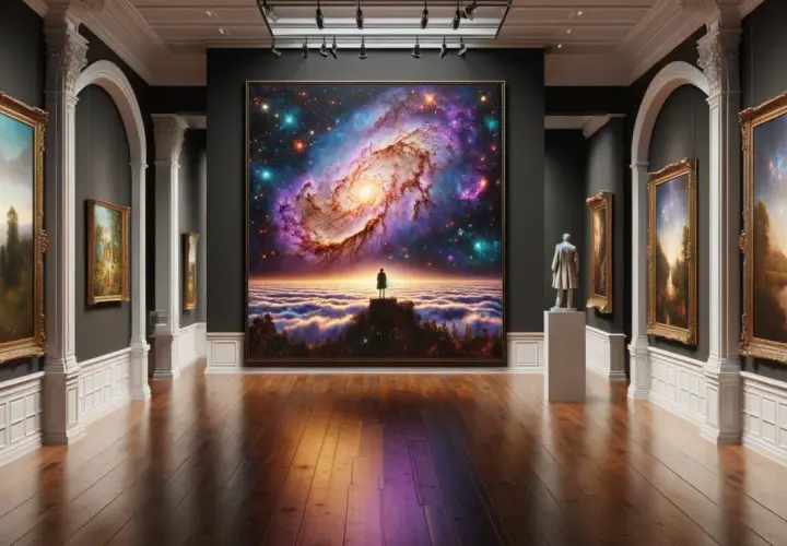 Une silhouette contemple une galaxie vibrante dans une galerie d'art, une œuvre de space art qui invite à la contemplation.