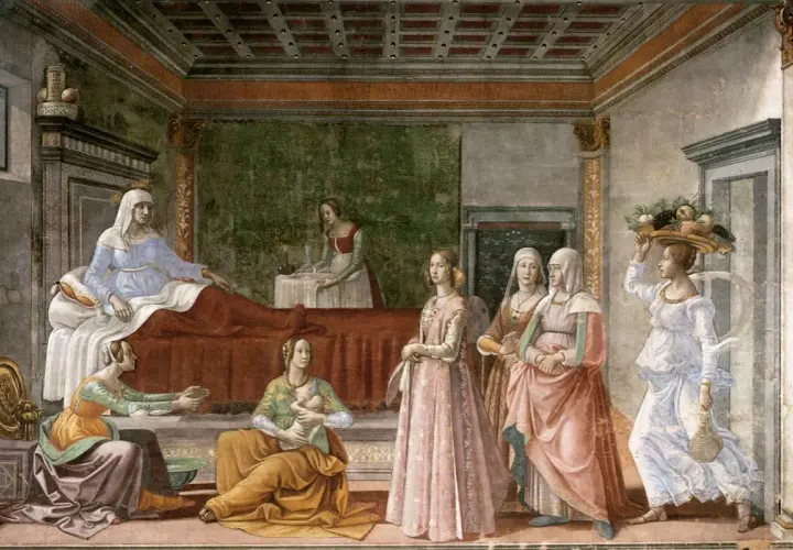 Un tableau d'amour maternel : une femme en bleu est allongée, une autre porte un bébé, entourées de femmes en robes colorées.