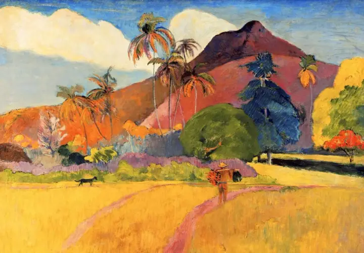 Paysage tropical aux couleurs vives, une œuvre d'art de Paul Gauguin. Un homme porte un panier, un chien court dans un champ doré.