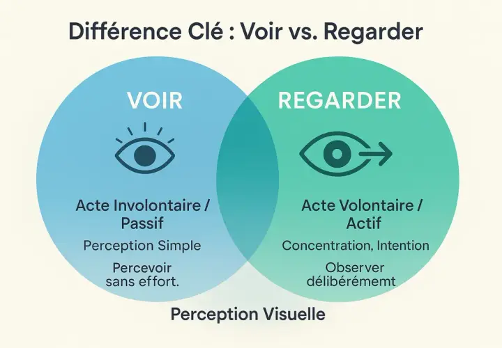 Diagramme comparant "Voir" (acte involontaire) et "Regarder" (acte volontaire), illustrant la perception visuelle à travers des icônes d'yeux.