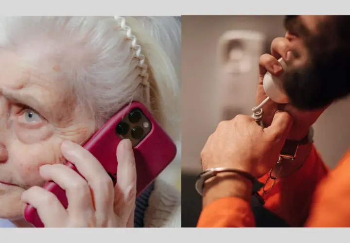Une femme âgée parle au téléphone, tandis qu'un homme menotté, en orange, écoute. La signification : les murs ont des oreilles.