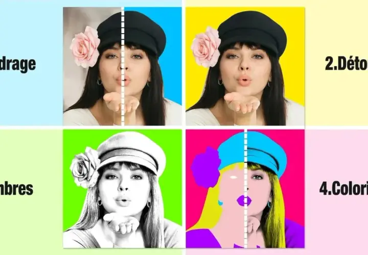 Exposé sur le pop art : quatre étapes montrant la transformation d'une photo de femme en style Warhol, du cadrage à la colorisation vibrante.