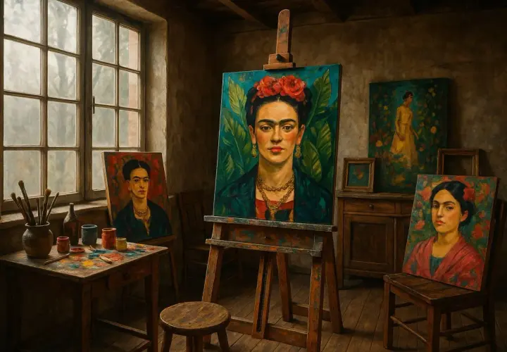Atelier d'artiste avec plusieurs peintures de Frida Kahlo. Une grande toile sur un chevalet montre son portrait emblématique.