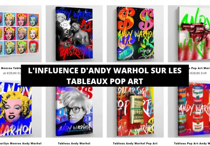 Œuvres pop art inspirées par le mouvement artistique d'Andy Warhol : Marilyn Monroe, dollars, pistolet, boîtes de soupe.