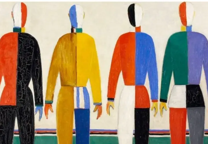 Quatre figures humaines stylisées, aux couleurs vives et contrastées, incarnent une définition avant-gardiste de la forme.