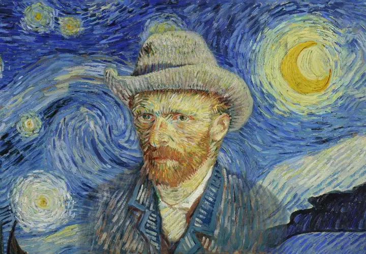 Portrait de Vincent van Gogh, peintre, sous un ciel étoilé tourbillonnant. La lune jaune brille.