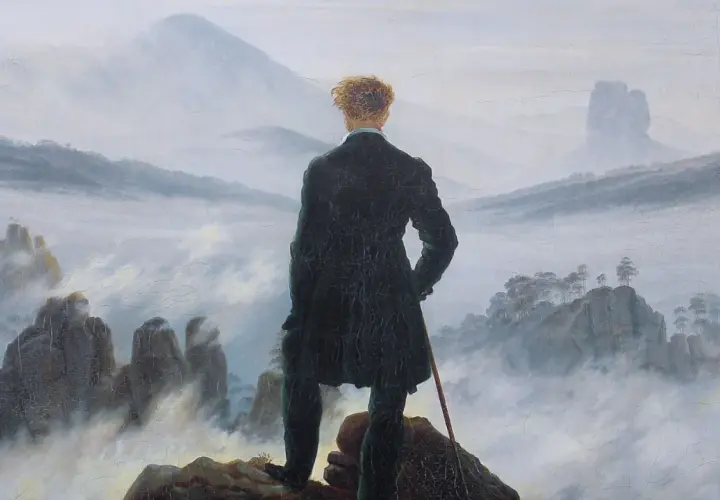 Un homme contemplatif, silhouette d'un amour perdu, se tient sur un rocher, dominant un paysage brumeux. Peinture romantique.