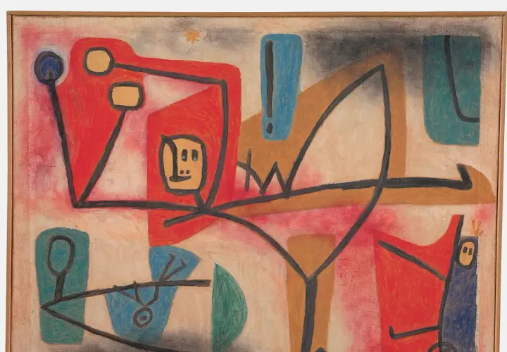 Tableau abstrait de Paul Klee avec des formes géométriques et des personnages stylisés, aux couleurs vives et contrastées.