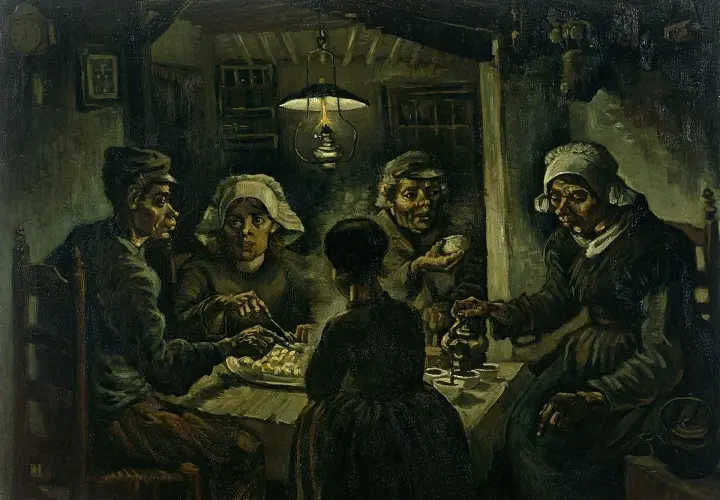Les Mangeurs de pommes de terre, une œuvre emblématique du courant artistique de Van Gogh, dépeint une famille paysanne partageant un repas humble sous la lumière d'une lampe.