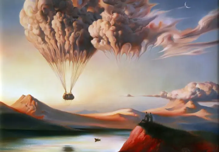 Un ballon en forme de cœur, nuageux, s'élève au-dessus d'un paysage onirique. Deux silhouettes contemplent l'horizon dans cet art surréaliste.