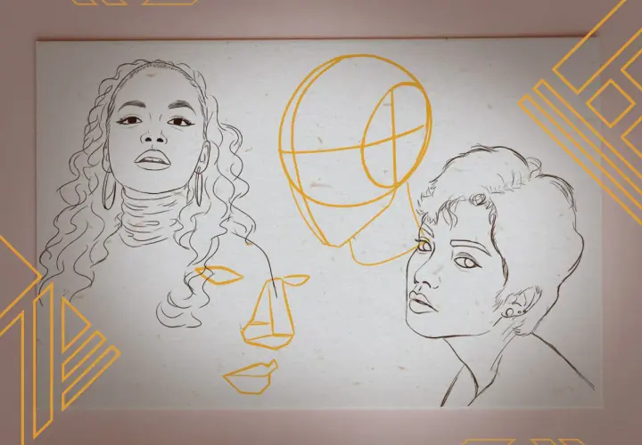 Une étude de portrait au trait, montrant trois visages esquissés et une tête géométrique.