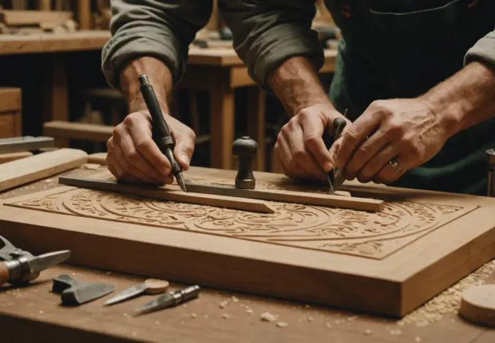 Artisan sculptant un motif complexe sur du bois, un savoir-faire qui voyage aux quatre coins du monde.