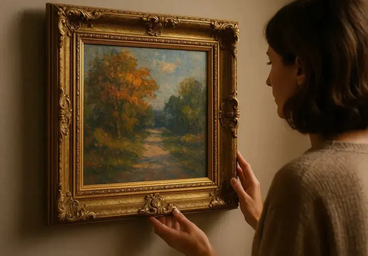Une femme ajuste un tableau représentant un chemin forestier automnal, son cadre doré orné ajoutant une touche d'élégance.