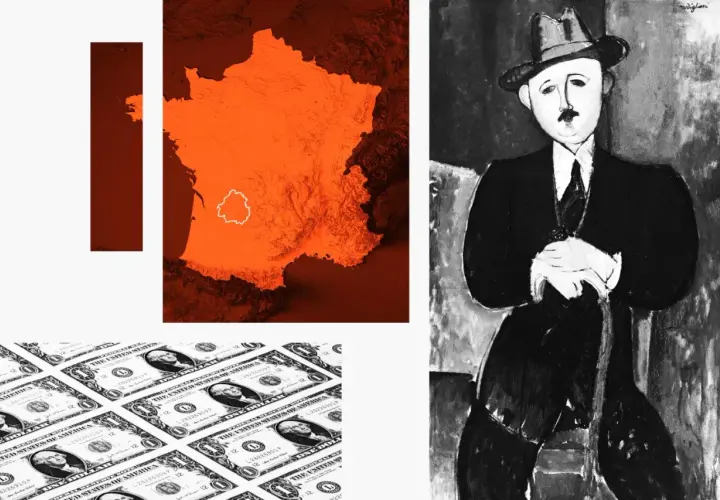 Portrait de Modigliani en noir et blanc, à côté d'une carte de France orange et de billets de dollars.