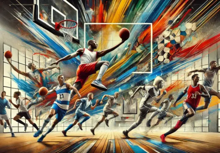L'art des sports en mouvement : des joueurs de basket-ball s'affrontent dans une explosion de couleurs vives, capturant l'énergie et la passion du jeu.