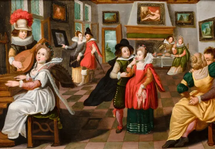 Scène de genre : une femme joue de l'orgue, un homme la regarde, d'autres personnages vaquent à leurs occupations dans une pièce animée.
