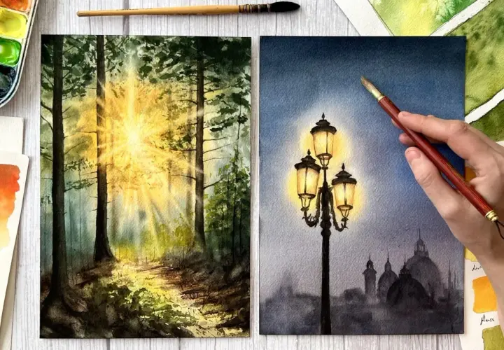 Découvrez la magie de l'aquarelle : une forêt baignée de soleil et un lampadaire illuminant une ville brumeuse.