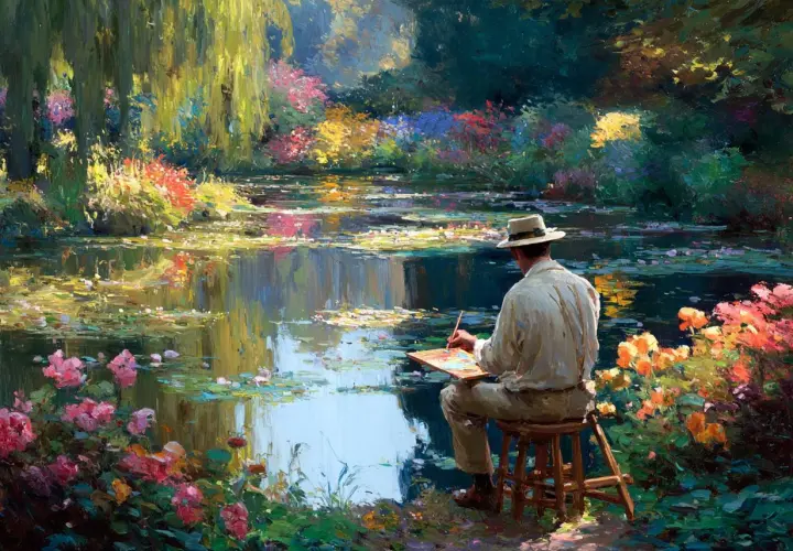 Un artiste, dans un jardin luxuriant, capture l'essence de l'impressionnisme Monet au bord de l'eau.