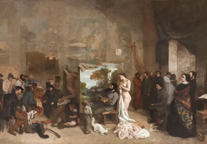 L'atelier de Gustave Courbet, une scène animée avec un peintre, un modèle nu, des spectateurs et des animaux.