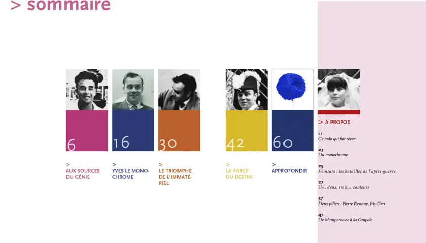 Table des matières présentant des portraits et des blocs de couleur, évoquant les œuvres d'art de Yves Klein.