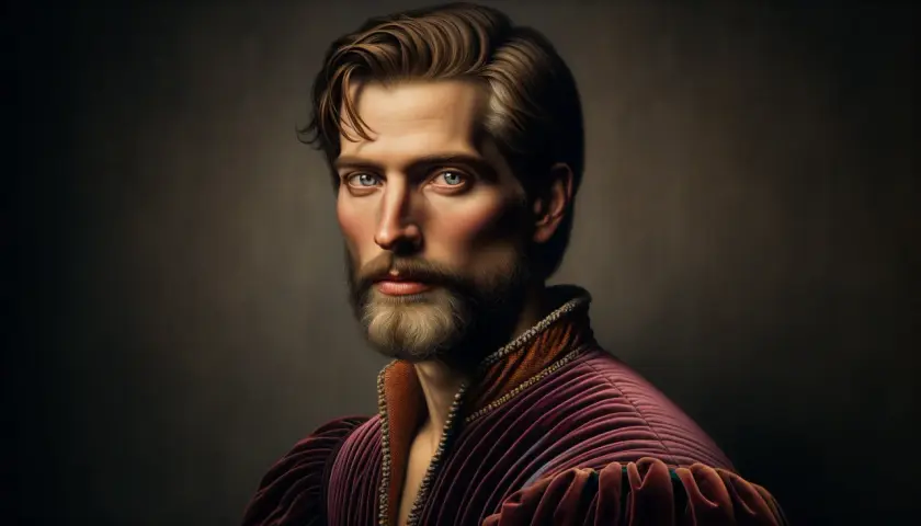 Une oeuvre d'art portrait d'un homme à la barbe soignée, aux yeux bleus perçants, vêtu d'une tunique pourpre richement ornée.