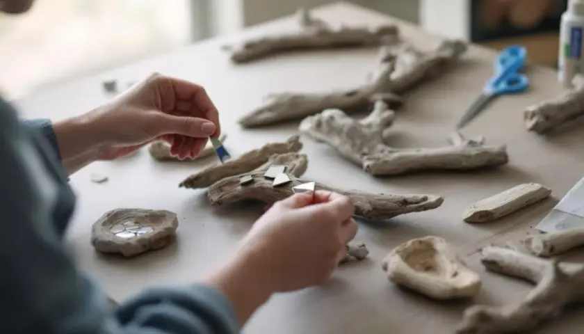 Mains créatives assemblant des morceaux de bois flotté et des miroirs pour une œuvre d'art maison.