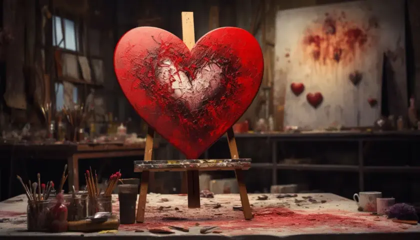 Un cœur rouge texturé sur un chevalet, au milieu d'un atelier d'artiste. Une œuvre qui capture la représentation de l'amour dans l'art.