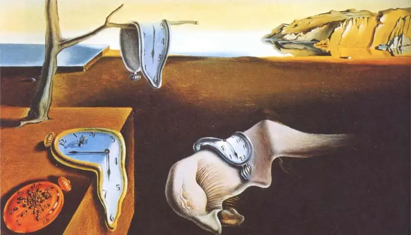 Dally peintre et ses montres molles, symboles du temps qui s'écoule dans un paysage surréaliste.